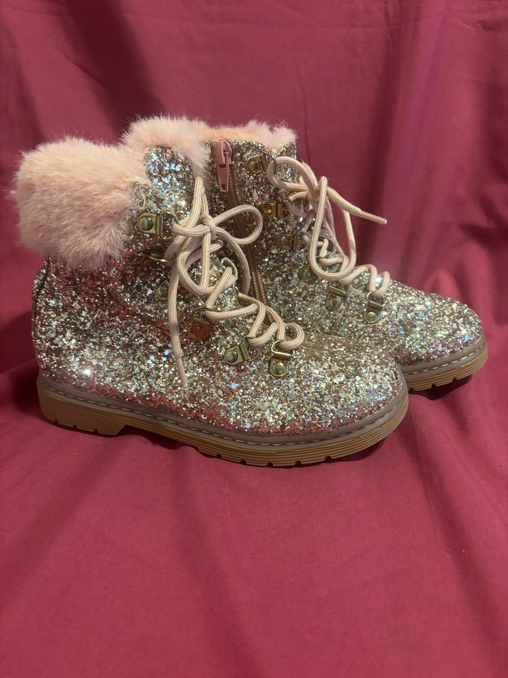 Colors of California Pink Glitter Fur-Trim Kids' Lace-Up Boots